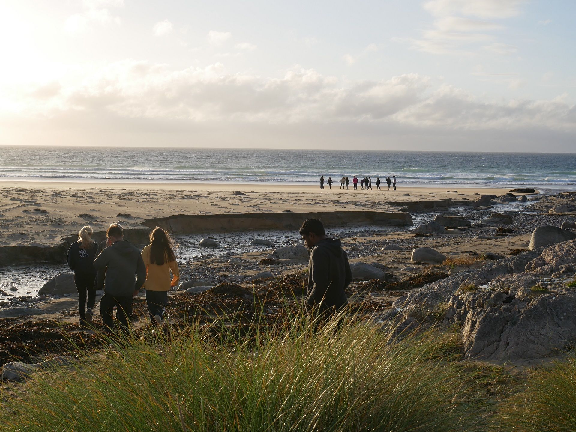 students walking on a remote deserted beach