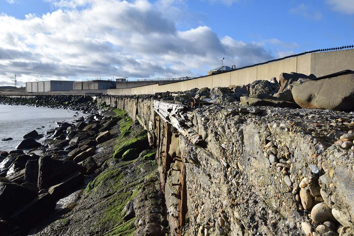 Section of wall and sea defences located on the foreshore