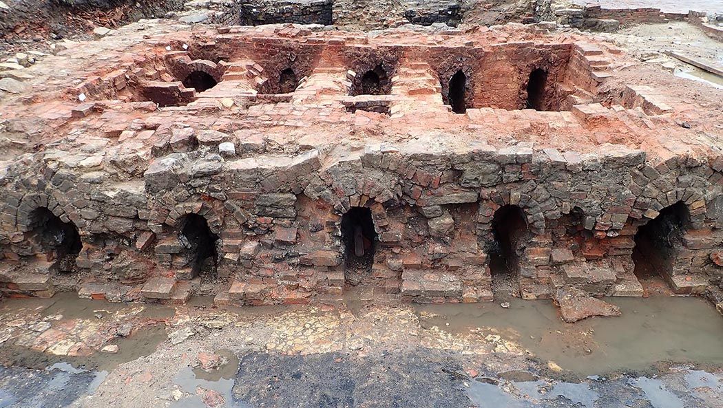 A brick series of arches and flues, part of a brick kiln excavated prior to development