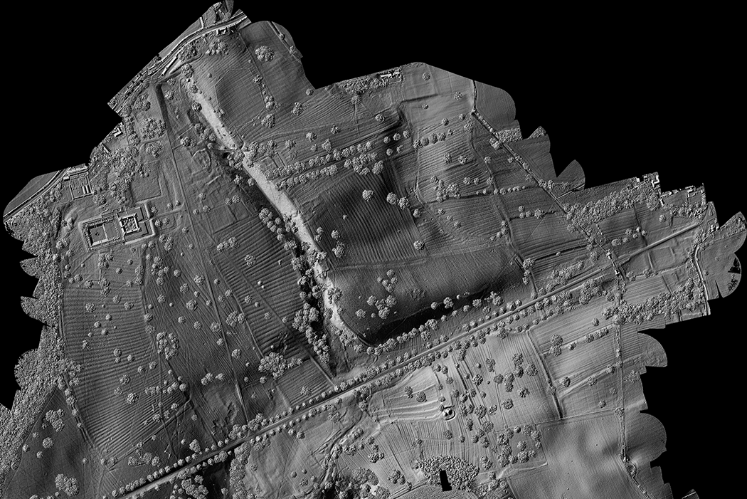 A LiDAR image showing archaeological features and ridge and furrow