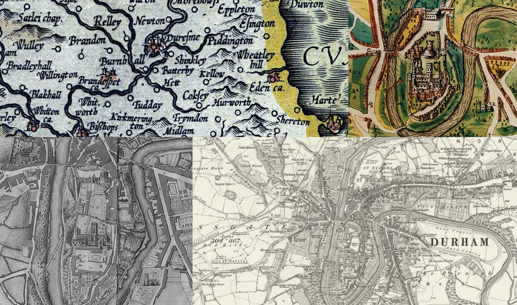 A series of four old maps showing Durham peninsular and the castle and cathedral