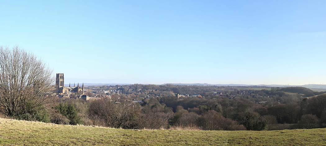 Panoramic view of Durham Cathedral and the surrounding landscape