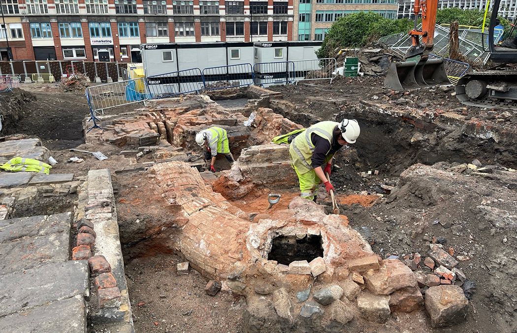 Archaeologists excavating a brick kiln in the middle of Newcastle city centre