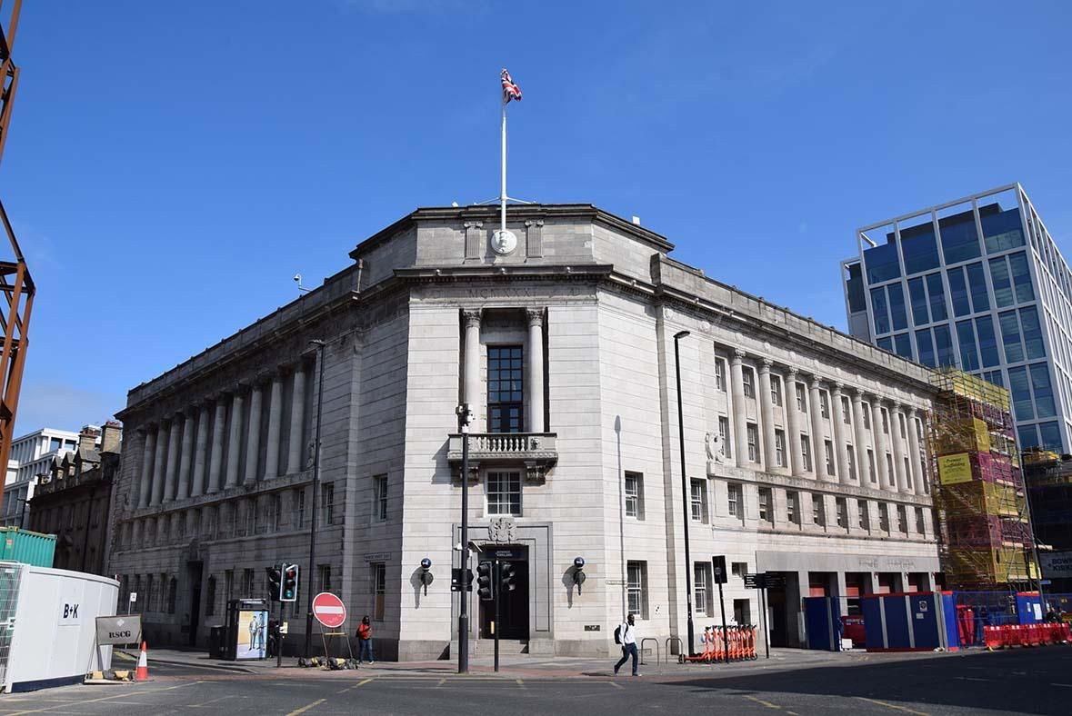 Front façade of an historic police station and court house