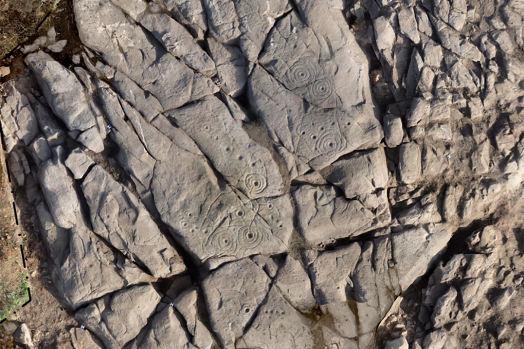 The surface of a sandstone rock covered with cup and ring rock art designs