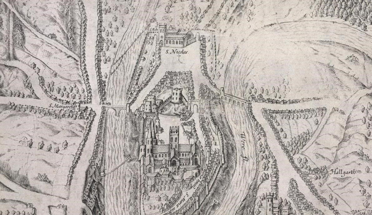 an old map of Durham City from 1595