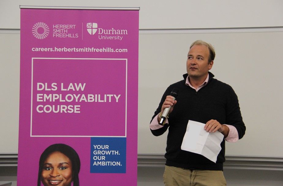 Michael Aherne, Partner, Herbert Smith Freehills, sponsors to the Durham Law School Employability Course, opening the Awards Ceremony