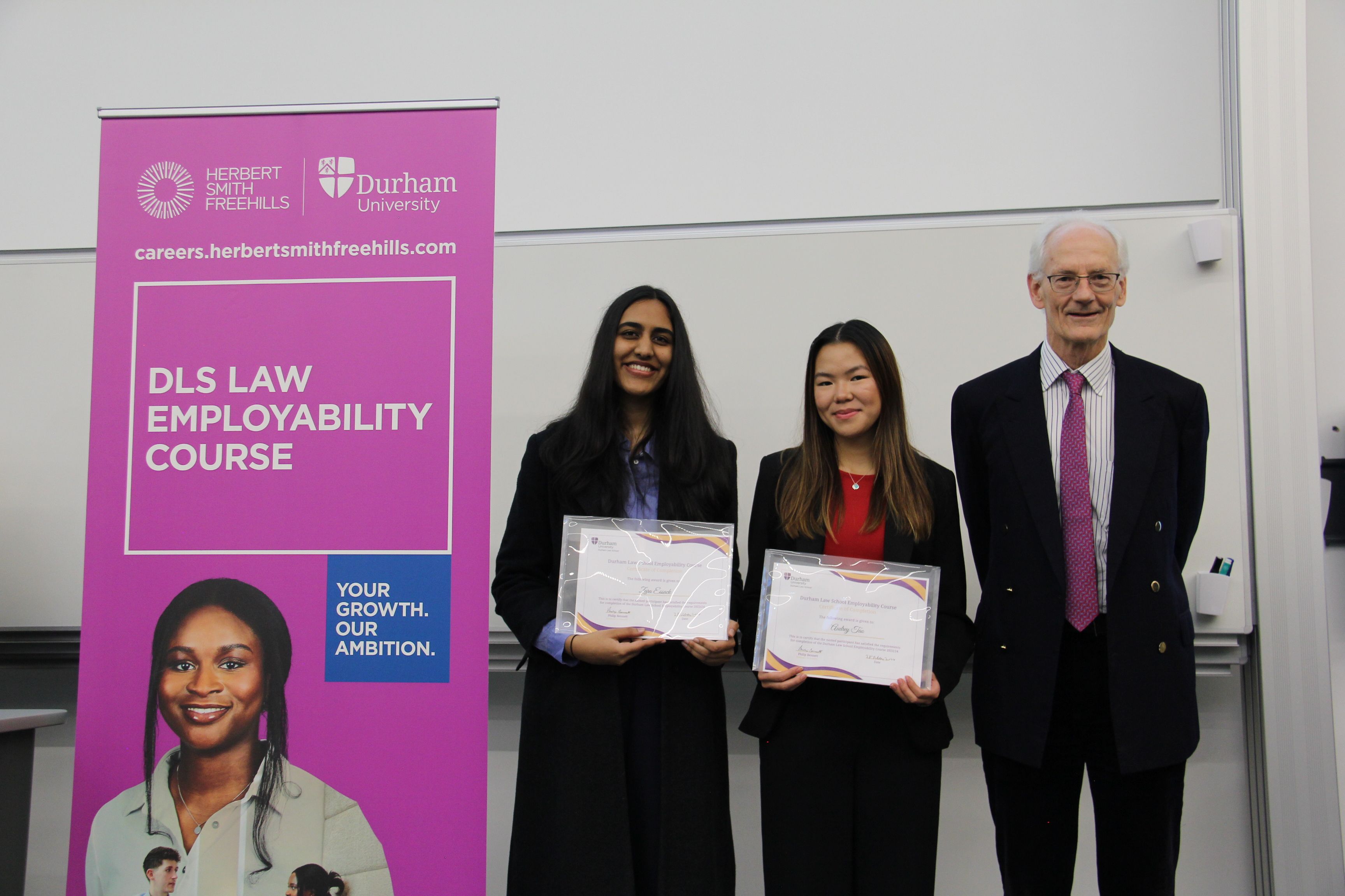 Zara Essack and Audrey Tao, 2023/24 Employability Course finishers, and Philip Bennett, Professor in Practice, Durham Law School