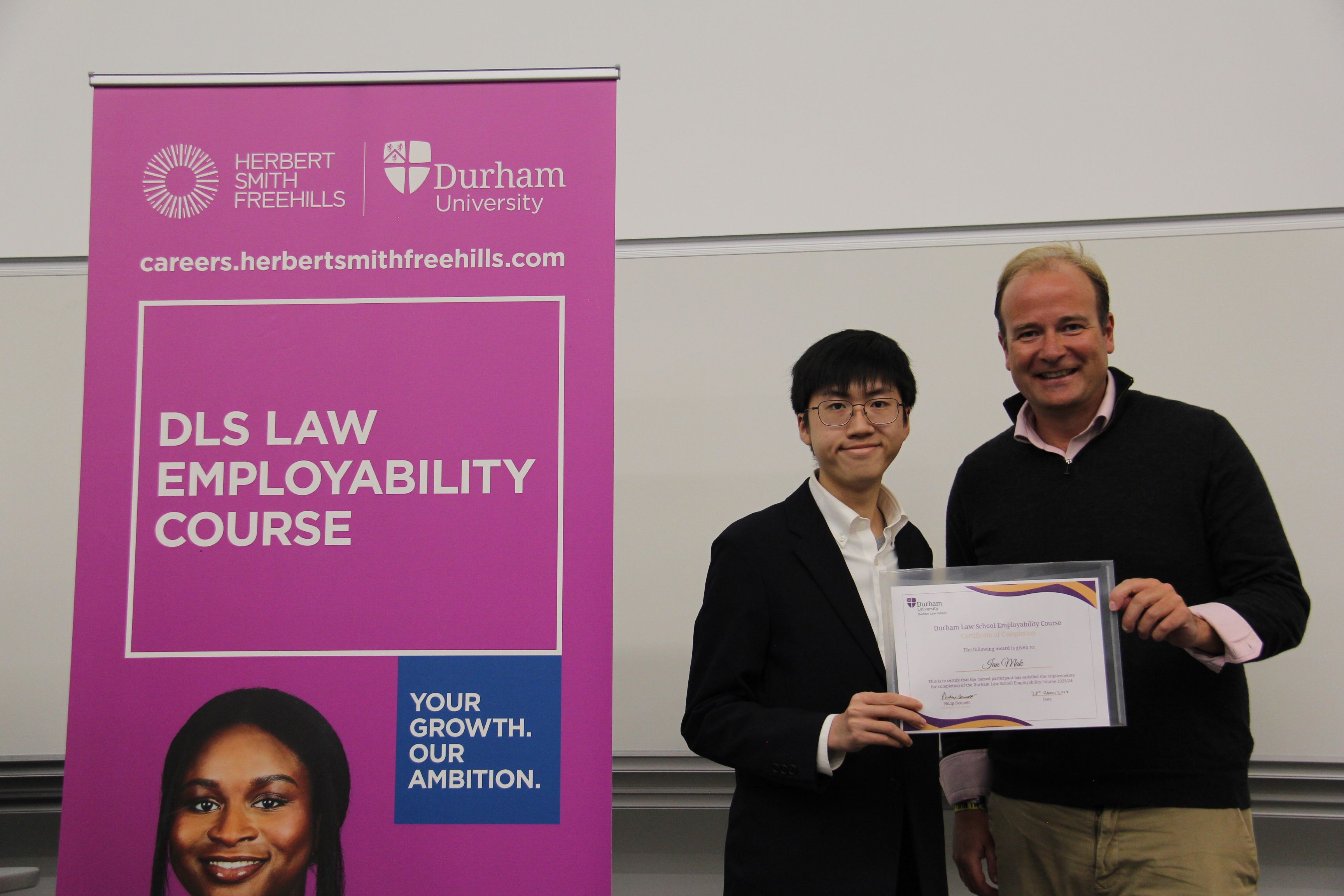 Ian Mak, 2023/24 Employability Course finisher, and Michael Aherne, Partner, Herbert Smith Freehills