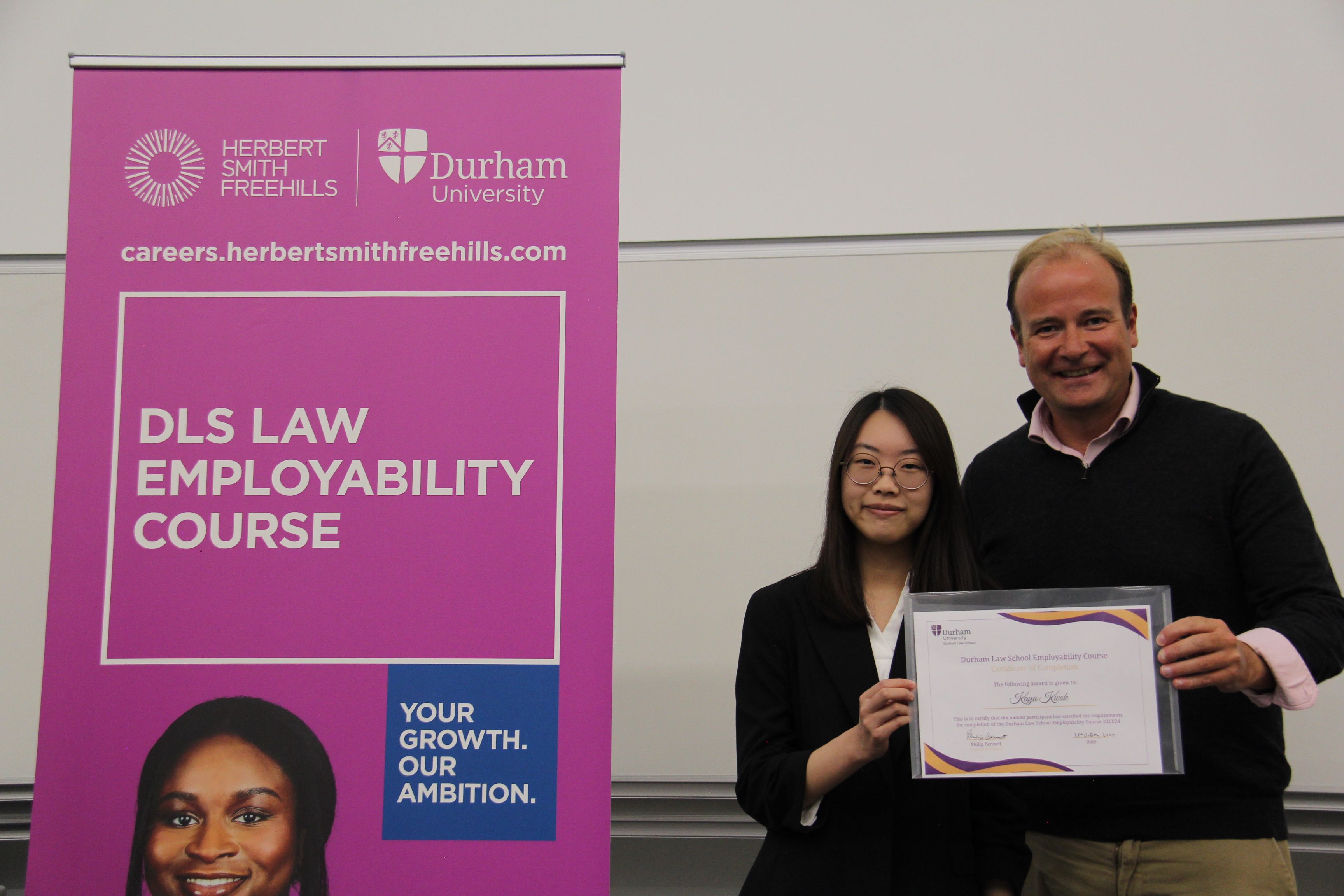 Kaya Kwok, 2023/24 Employability Course finisher, and Michael Aherne, Partner, Herbert Smith Freehills