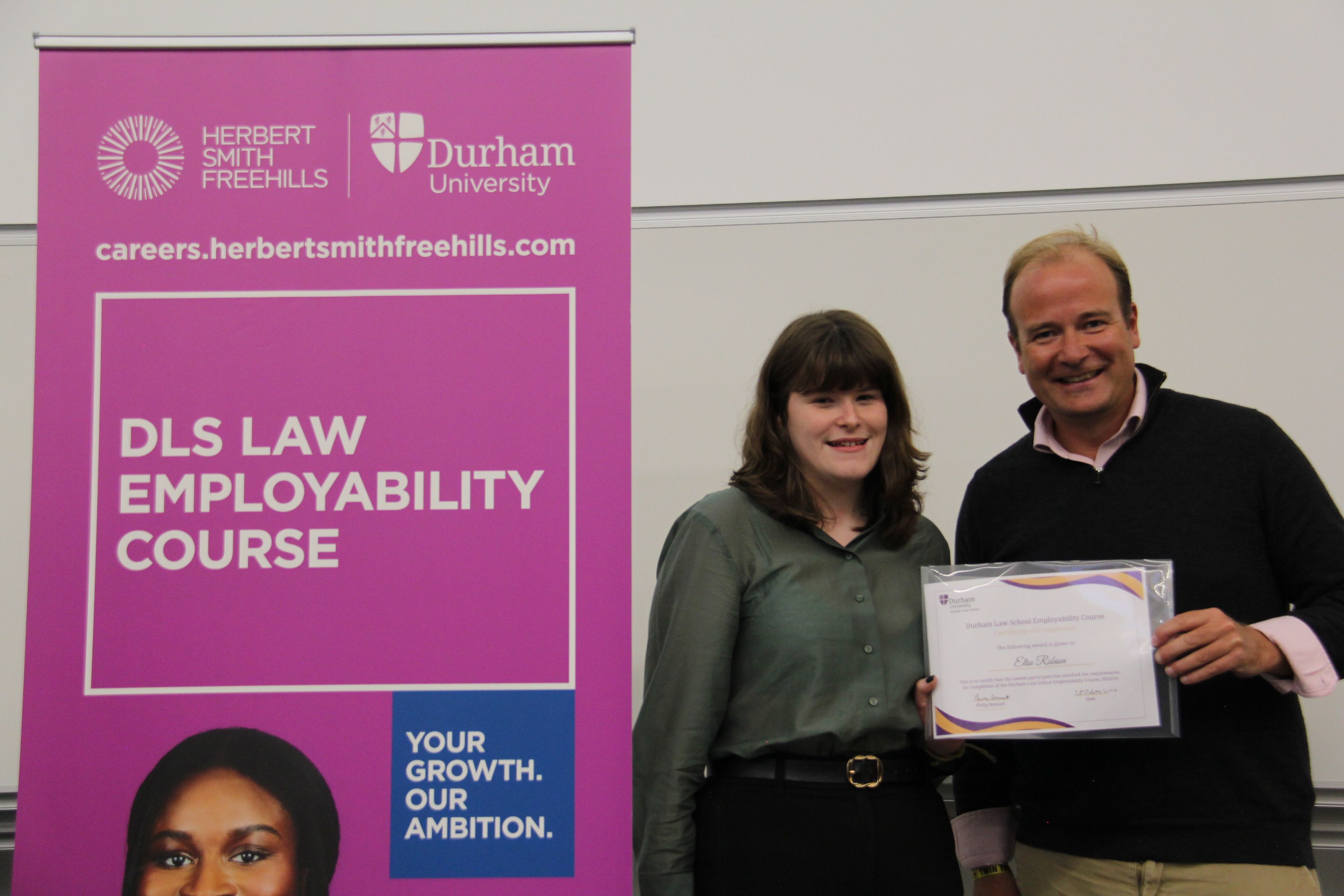 Elise Robson, 2023/24 Employability Course finisher, and Michael Aherne, Partner, Herbert Smith Freehills