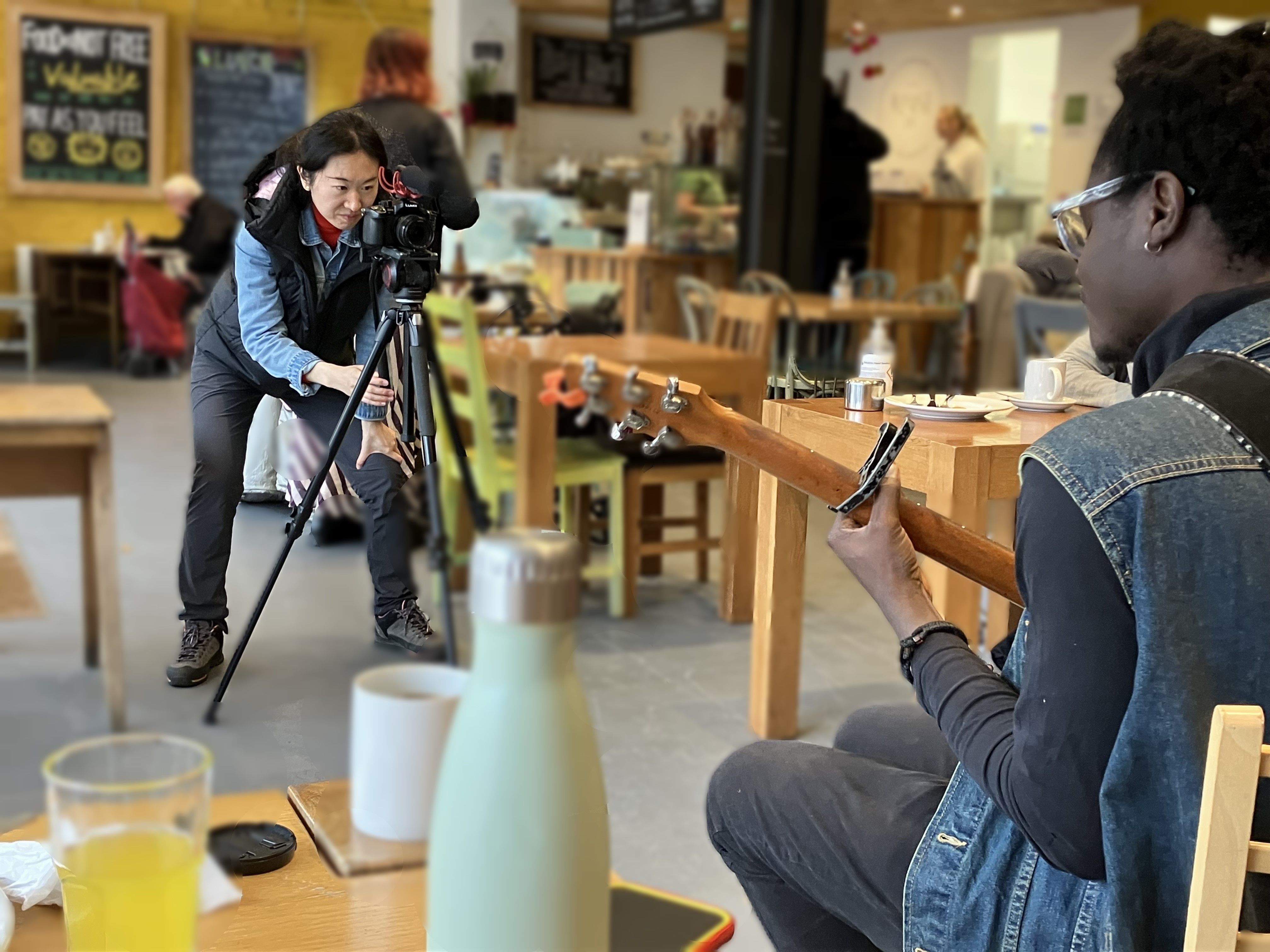 Behind the scenes: Ran Wei filming Ezé for the documentary during Drop-in at REfUSE Café in Chester-le-Street