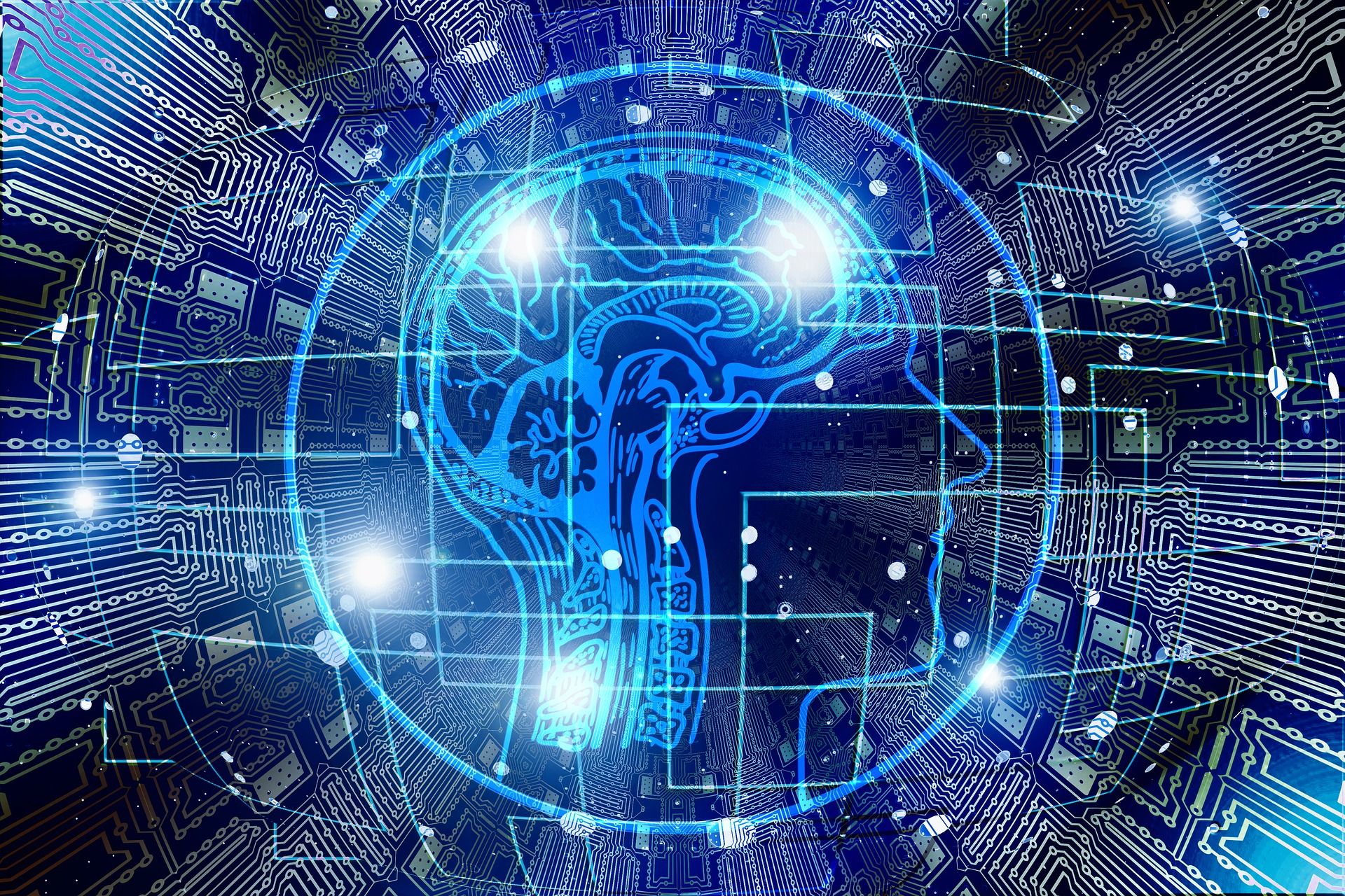 Blue coloured graphical representation of a human brain with radiating lines