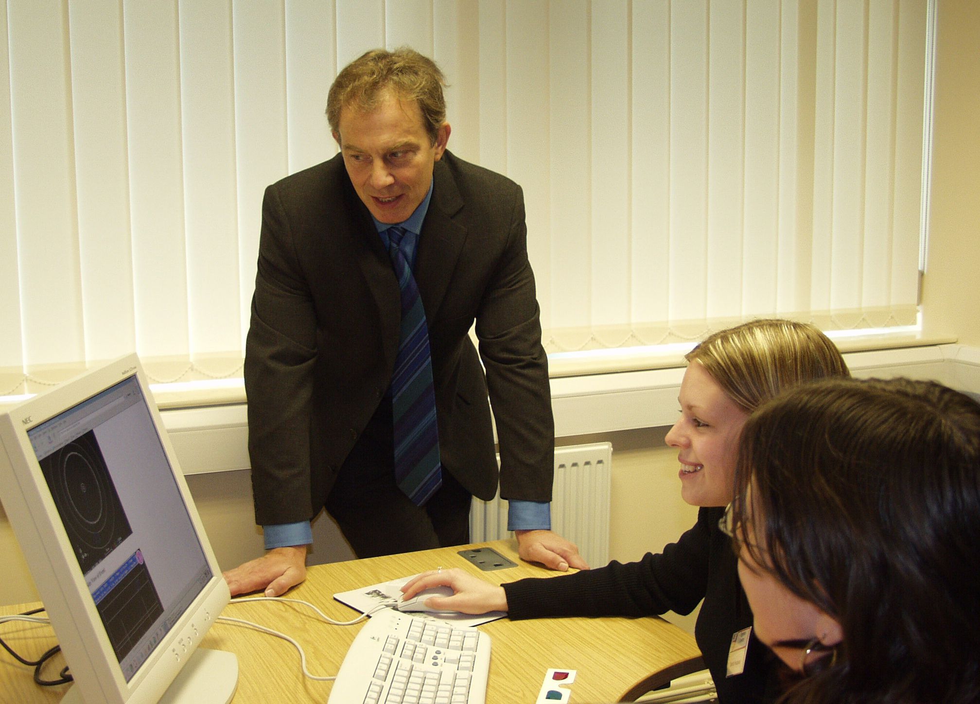 Tony Blair meets students at work on a computer on a visit to the new Ogden East building