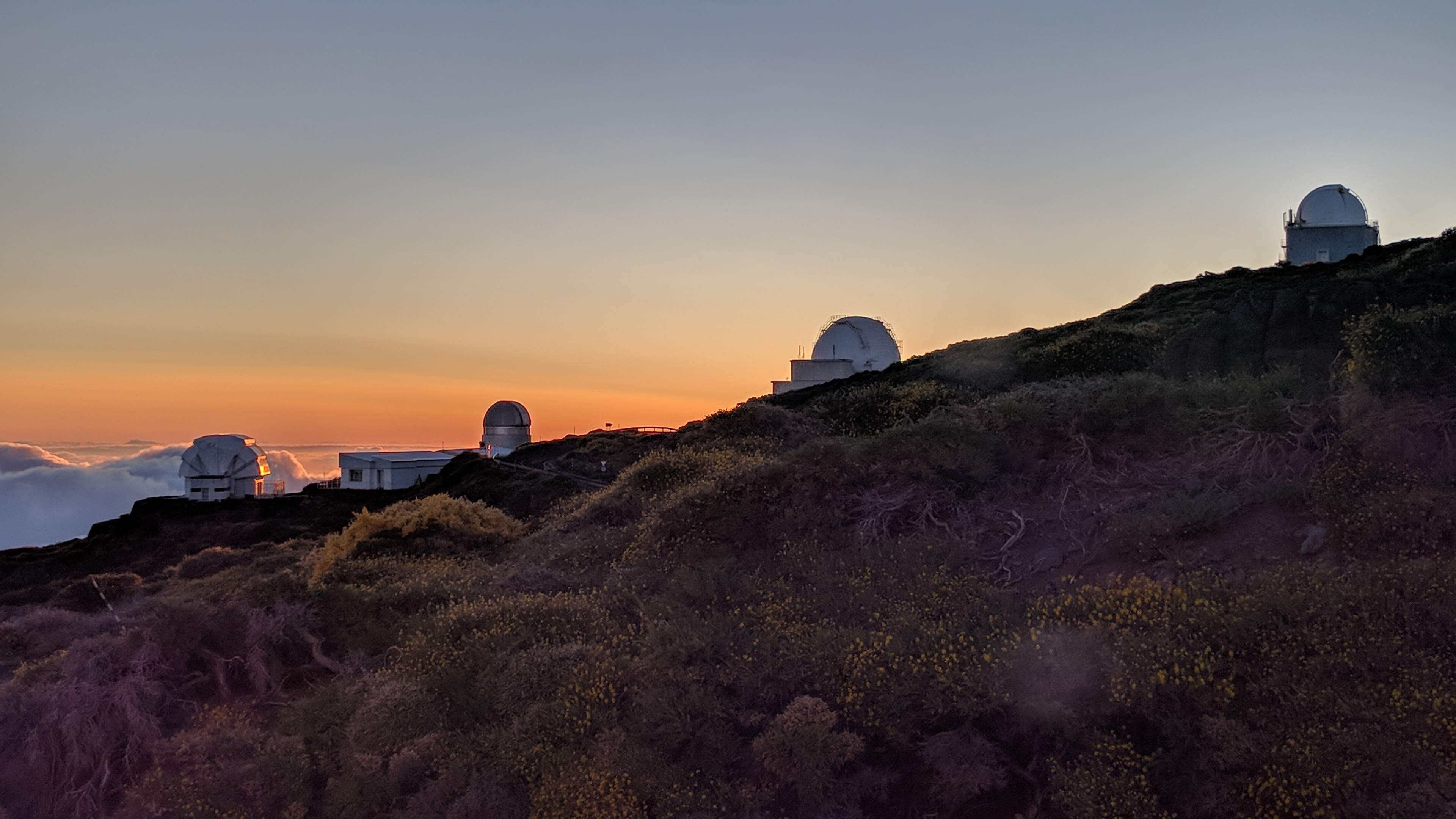 Evening sunset view of the telescopes on La Palma