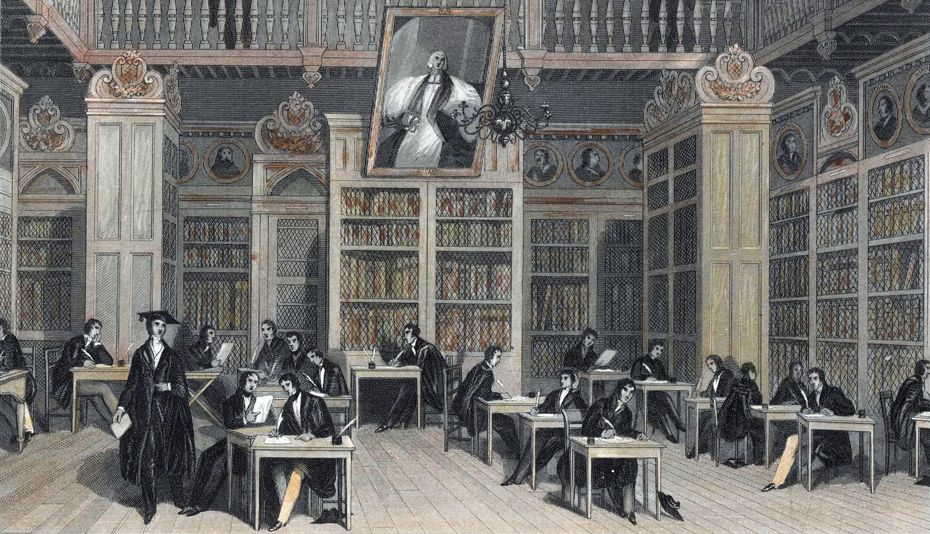 Illustration of male students studying in the library of Durham University in 1832