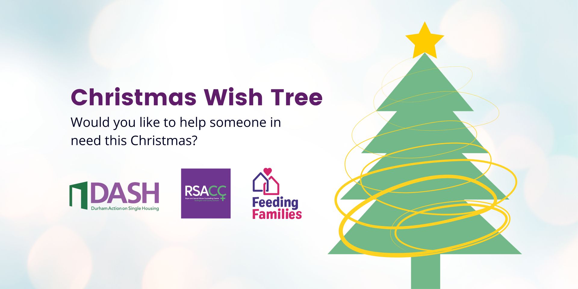 Christmas Wish Tree 2024 graphic with a Christmas tree to the right-hand side and the words 