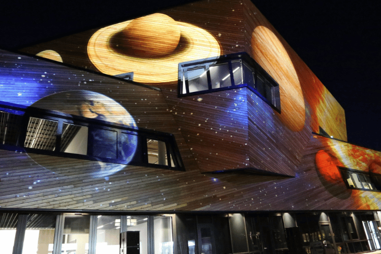 Planetary light art display on the Ogden Centre