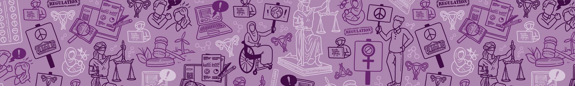 drawn images of people standing and sitting in wheelchair holding protest signs, law symbols on a light purple background