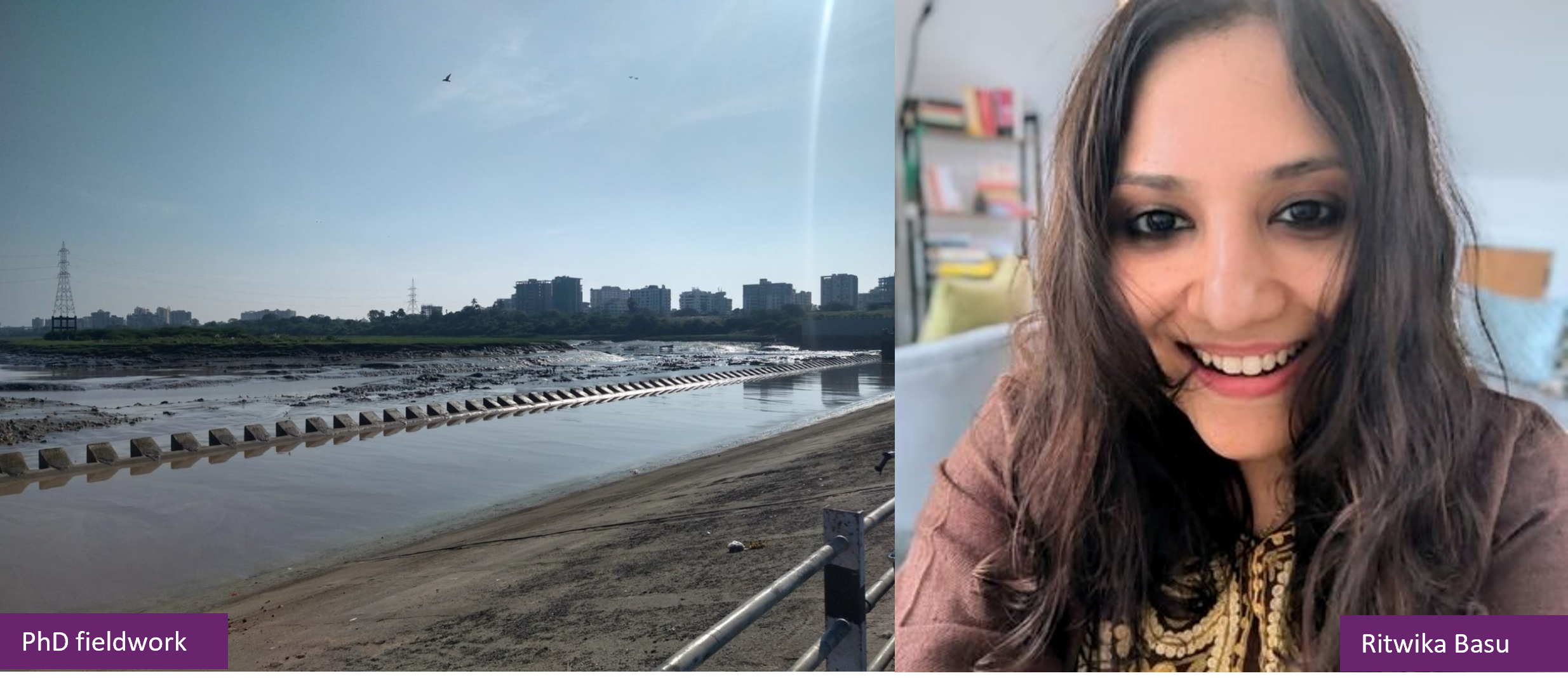 A picture of a river in Gujarat (left) and Ritwika Basu (right)