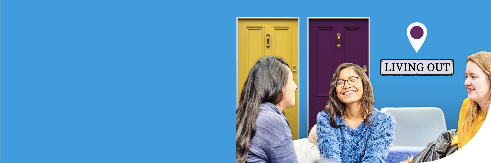 Banner for the Housing Hub, with an image of students chatting in front of two house doors