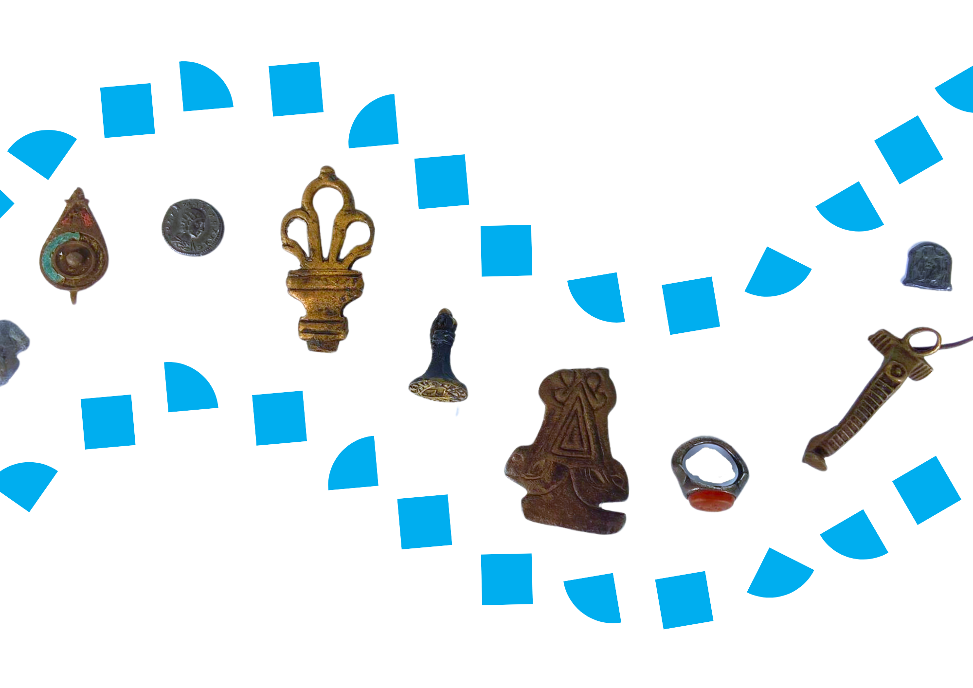 range of small objects surrounded by blue shapes to denote a river