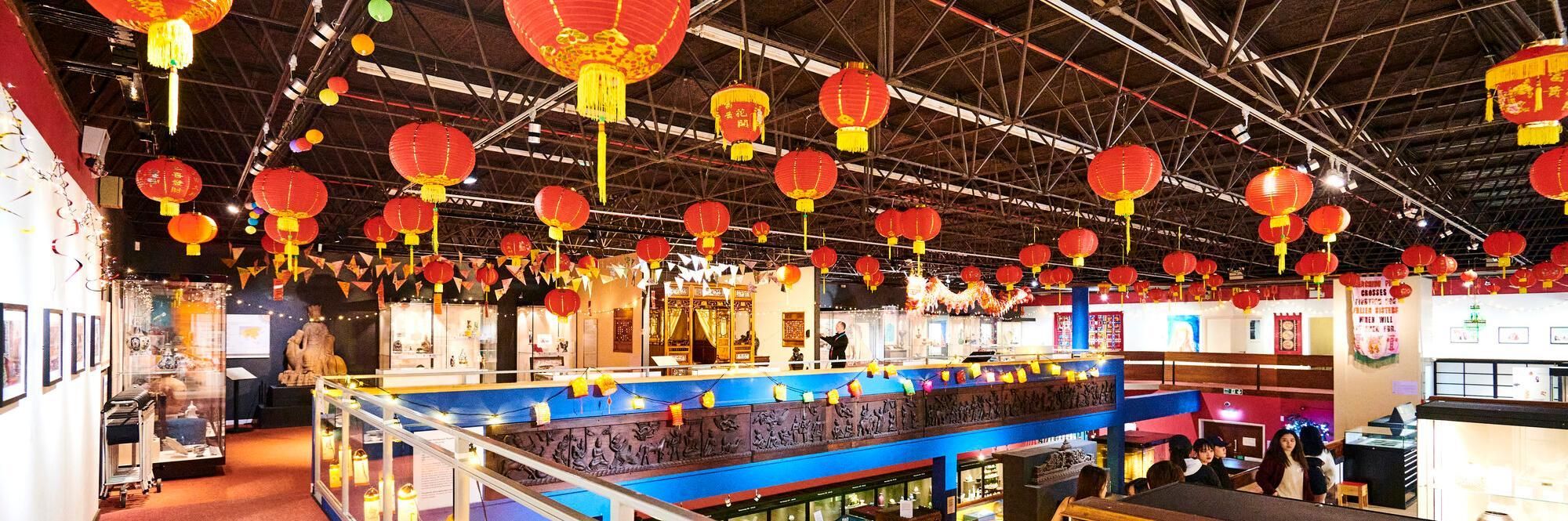 Lunar New Year 2023 celebration at the Oriental Museum, showing red lanterns with gold tassels